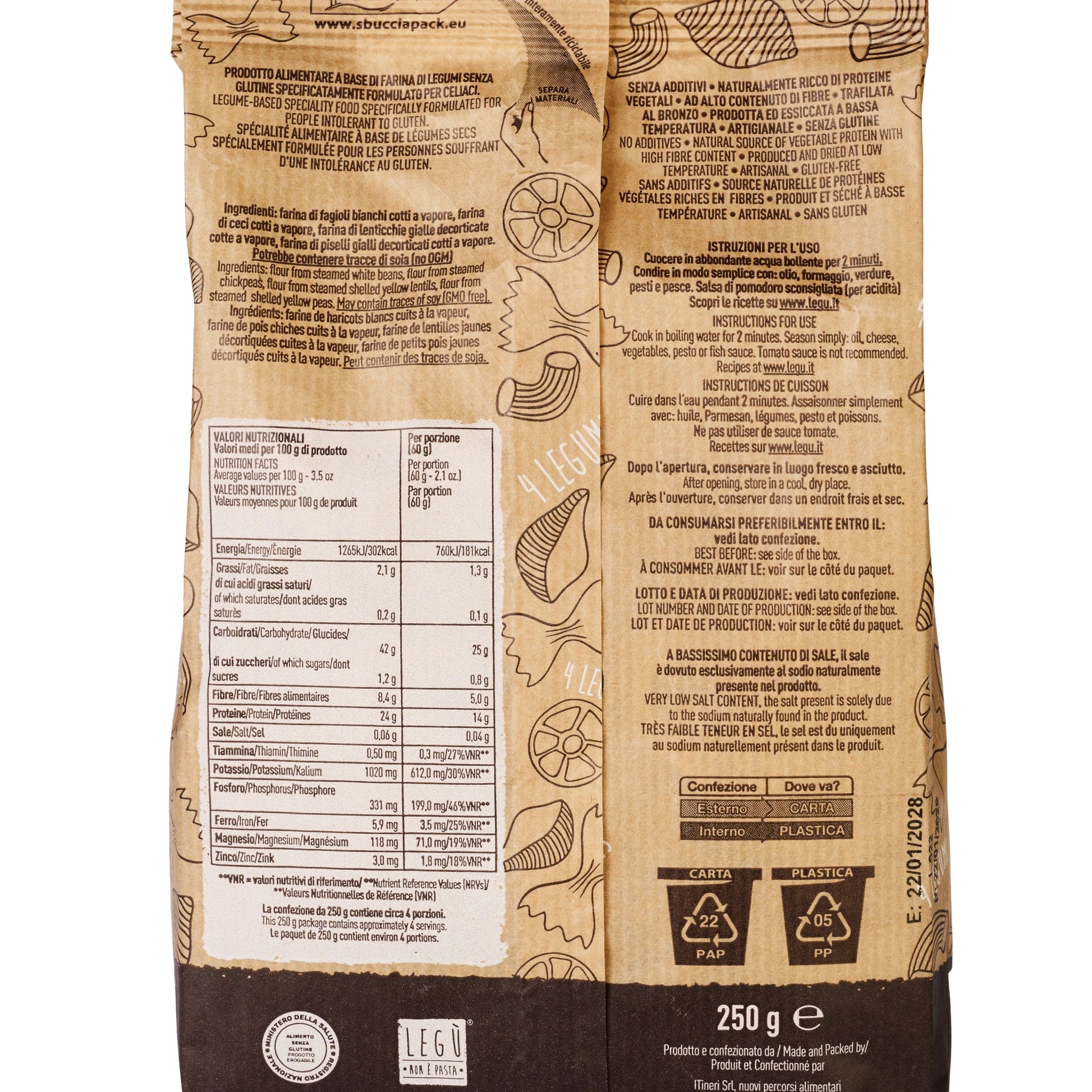 Confezione di LEGÙ non pasta a base di 4 legumi decorticati, senza glutine e ricca di proteine vegetali, con indicazioni nutrizionali.