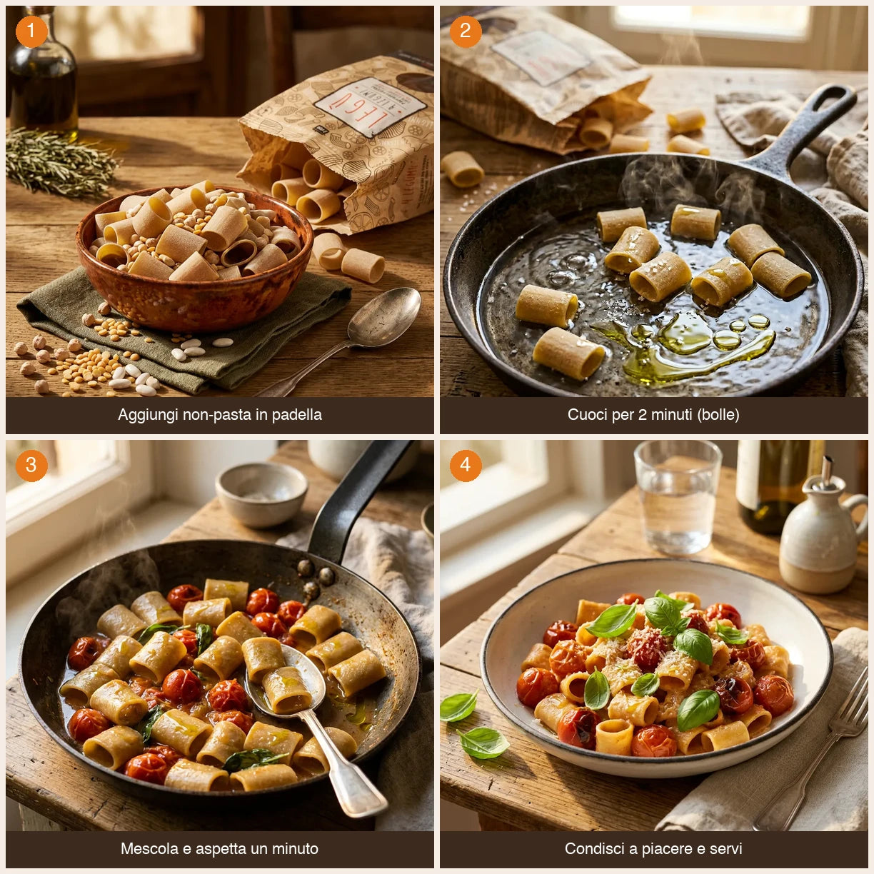 Sequenza preparazione LEGÙ NON è PASTA Paccheri Piccoli – 4 Legumi italiani decorticati (fagioli, ceci, lenticchie e piselli gialli) LEGÙ in 4 passaggi