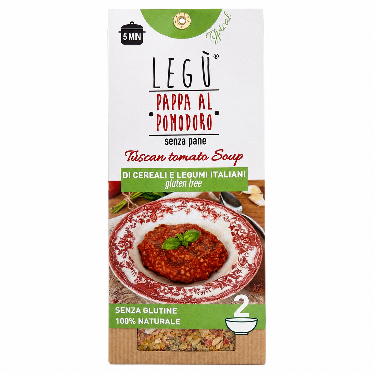 Confezione Legù pappa al pomodoro senza glutine preparato per zuppa pronta in 5 minuti