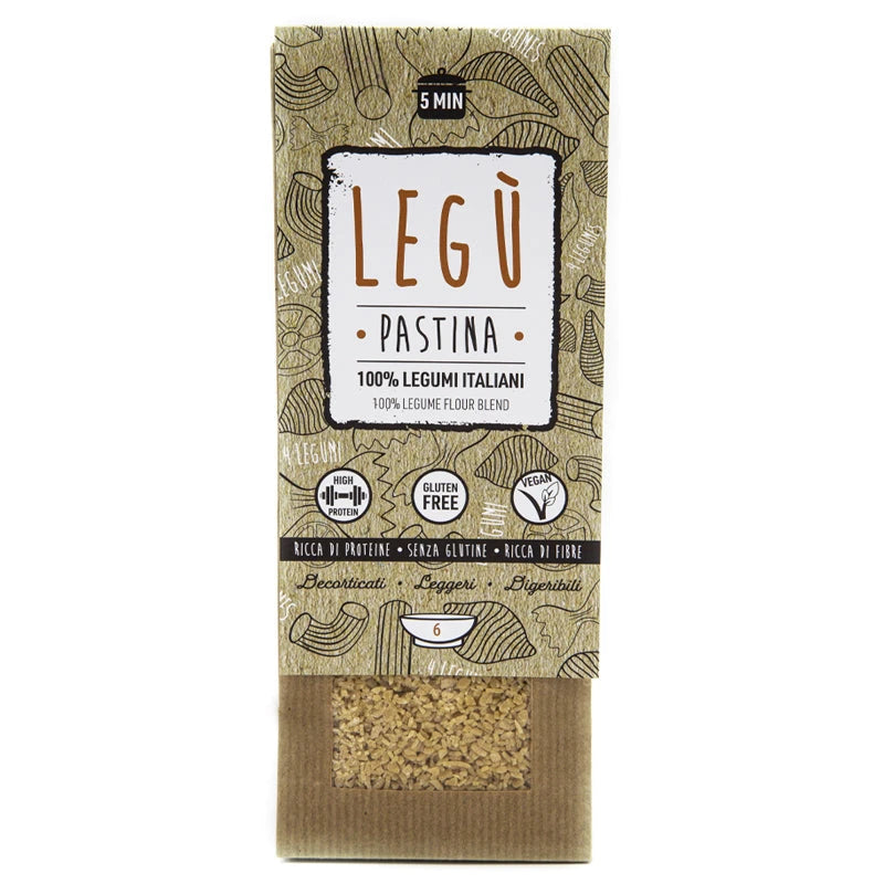 Confezione di LEGÙ Pastina 100% legumi italiani, ricca di proteine vegetali, senza glutine, vegana e ricca di fibre.