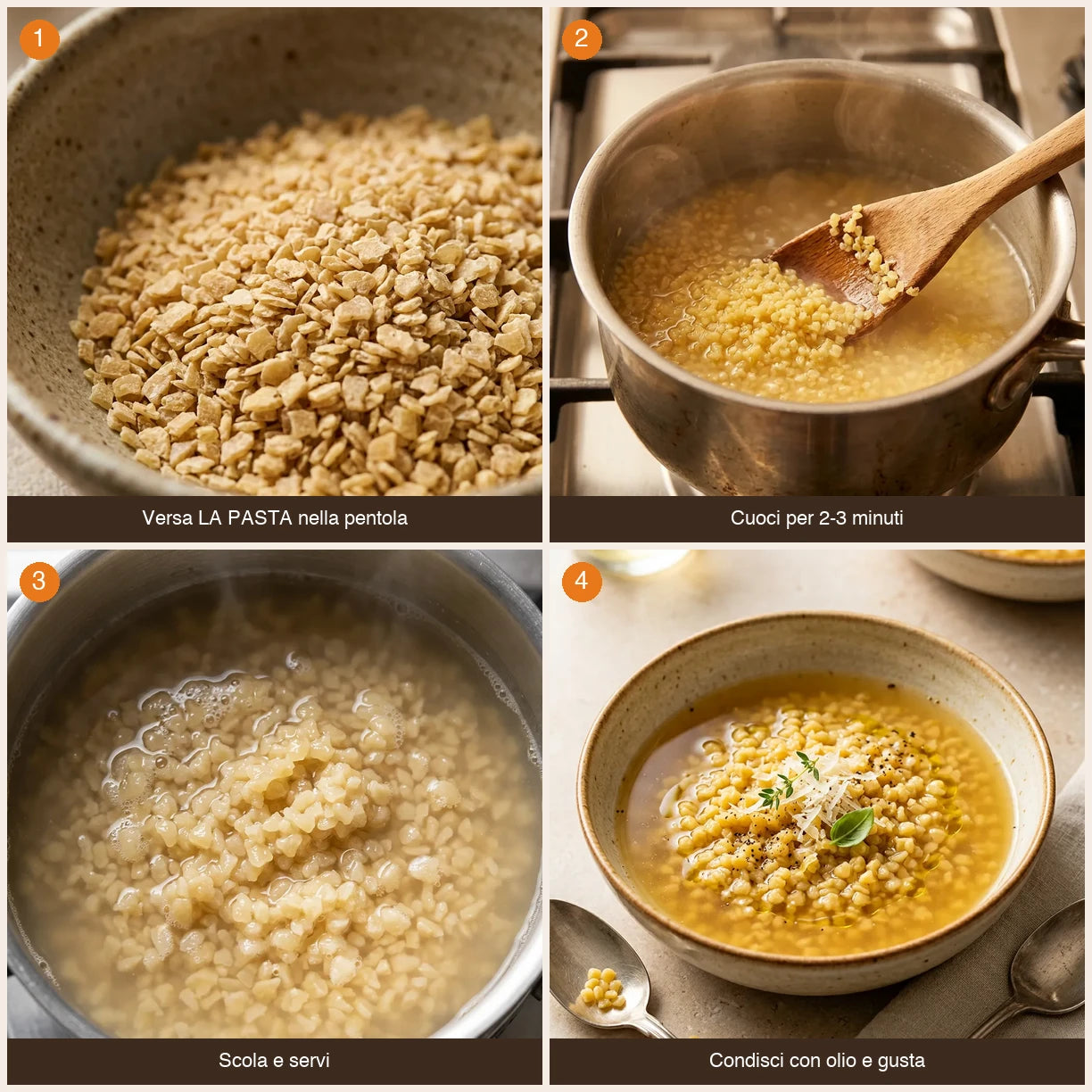 Sequenza preparazione Pastina – 4 Legumi LEGÙ in 4 passaggi