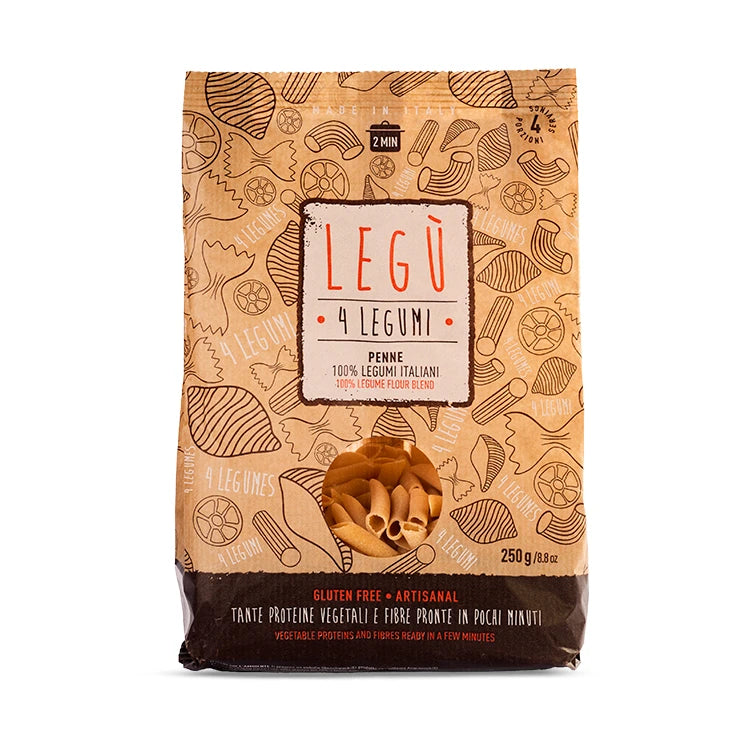 Confezione di LEGÙ non è pasta Penne 4 Legumi senza glutine da 250 g, ricca di proteine vegetali e fibre.
