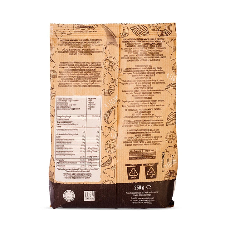 Packaging delle Penne LEGÙ NON è PASTA 4 Legumi italiani decorticati, senza glutine e ricche di proteine vegetali.