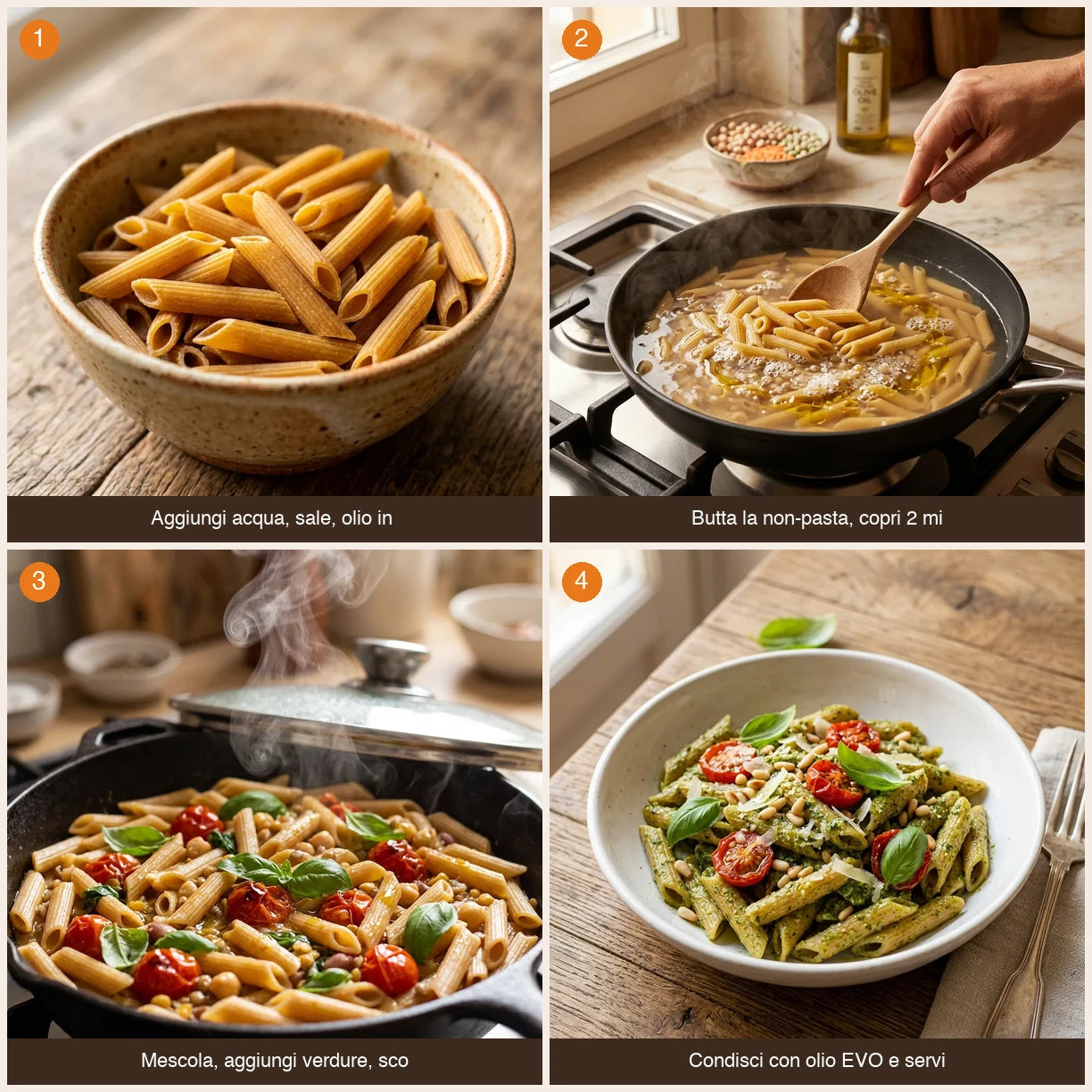 Sequenza preparazione LEGÙ NON è PASTA Penne – 4 Legumi italiani decorticati (fagioli, ceci, lenticchie e piselli gialli) LEGÙ in 4 passaggi