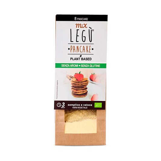 Mix LEGÙ Pancake, packaging verticale con finestra che mostra il preparato giallo. Etichetta "Plant Based", "Senza Glutine".
