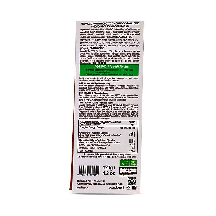 Packaging del Preparato per Pancakes Biologico LEGÙ, mix di legumi senza glutine ricco di proteine vegetali, con dettagli nutrizionali.