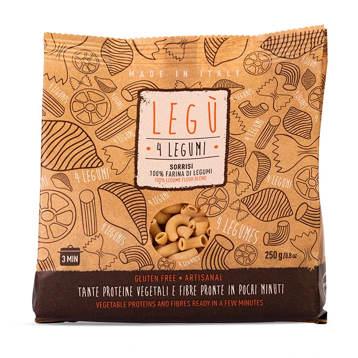 Packaging di LEGÙ 4 Legumi senza glutine: pasta di legumi, fonte di proteine vegetali, pronta in 3 minuti.