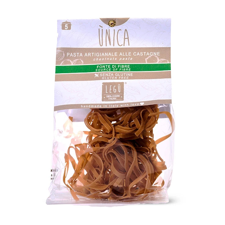 Pasta artigianale LEGÙ Tagliatelle alle Castagne, packaging, senza glutine, fonte di fibre e proteine vegetali.