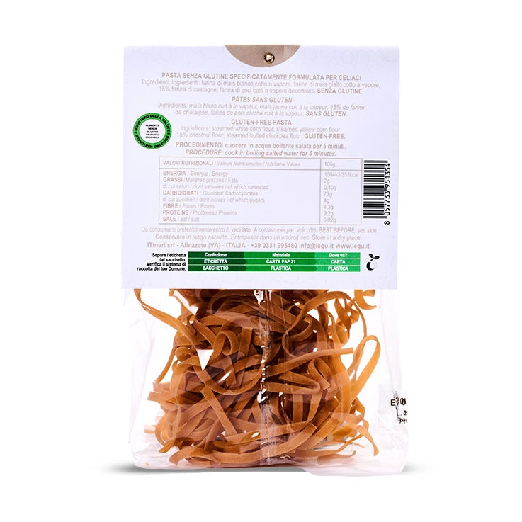 Confezione del prodotto LEGÙ Tagliatelle alle Castagne senza glutine con noodles e informazioni nutrizionali visibili.