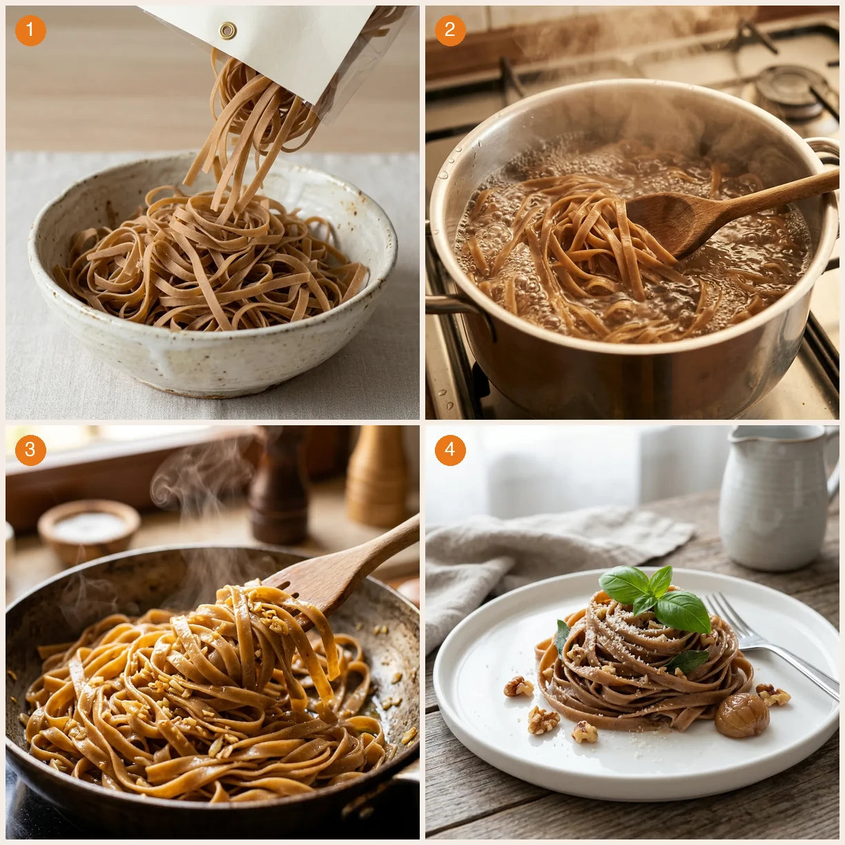 Sequenza preparazione Tagliatelle alle Castagne LEGÙ in 4 passaggi