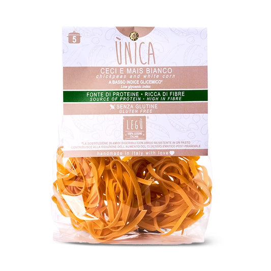 Confezione di LEGÙ Tagliatelle, ceci e mais bianco. Pasta senza glutine, ricca in proteine vegetali e fibre.