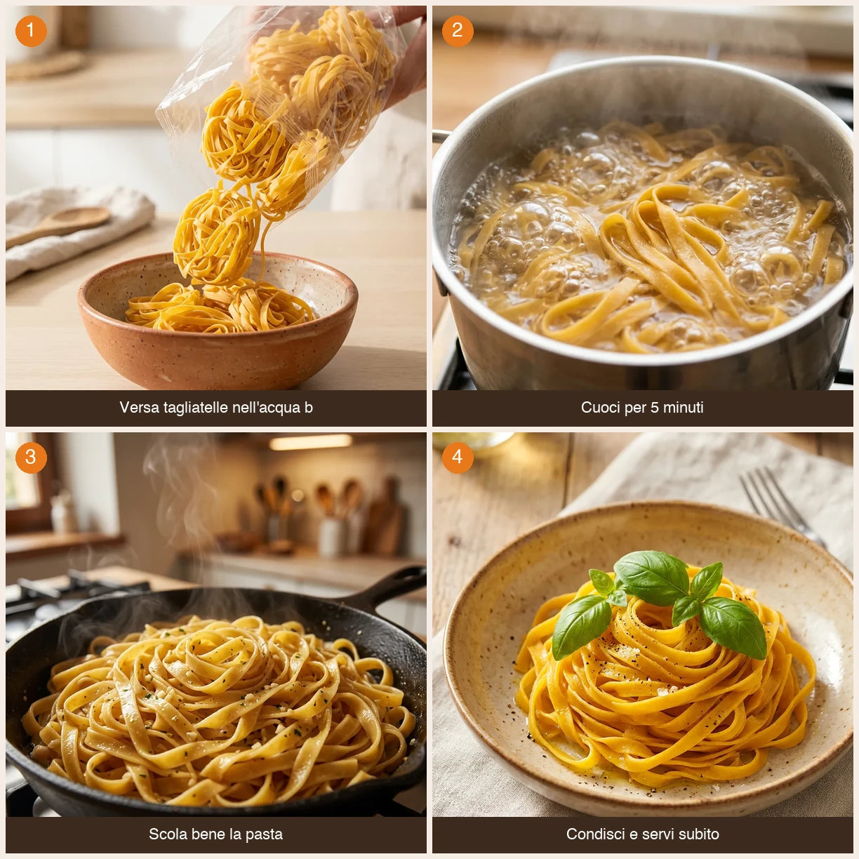Sequenza preparazione Tagliatelle – Mais bianco e Ceci LEGÙ in 4 passaggi