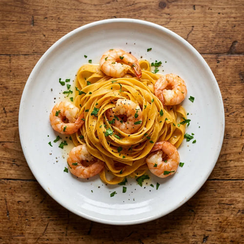 Nido di tagliatelle con gamberi