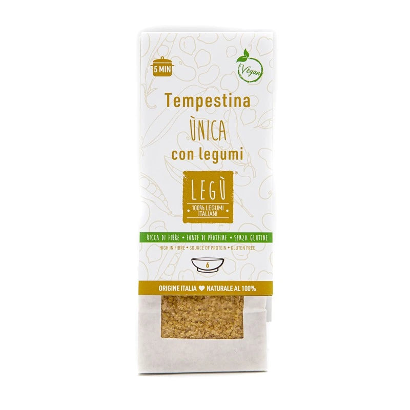 Packaging di Tempestina UNICA con legumi LEGÙ, senza glutine, ricca di fibre e proteine vegetali, prodotta con legumi italiani.