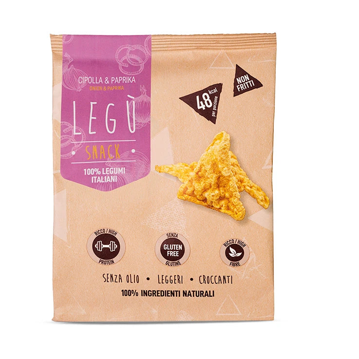 LEGÙ Triangoli Cipolla e Paprica: packaging snack con legumi italiani, 48 kcal, senza glutine, ricco di proteine e fibre vegetali.