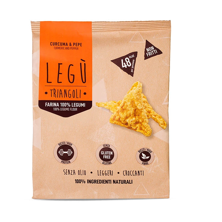 Snack LEGÙ Triangoli Curcuma & Pepe, senza glutine, ad alto contenuto di proteine vegetali e fibre, su fondo bianco.