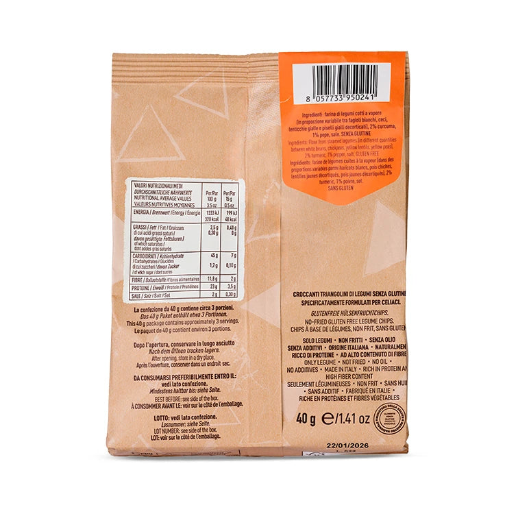 Packaging dei Triangoli Curcuma & Pepe LEGÙ, snack di legumi senza glutine, ricchi di proteine vegetali e fibre.