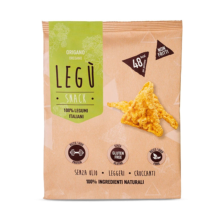 Packaging Legù "Triangoli Origano" con snack di legumi italiani. Snack senza glutine, ad alto contenuto di proteine vegetali e fibre, non fritto.