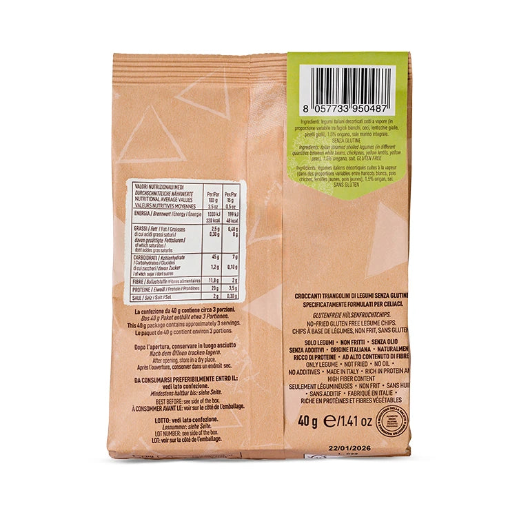 LEGÙ Triangoli Origano: packaging beige con etichetta verde, snack senza glutine e ricco di proteine vegetali di legumi italiani.