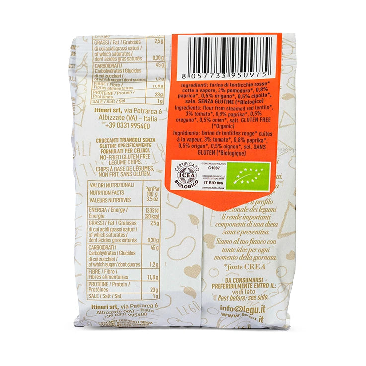 Retro della confezione dei triangoli LEGÙ Pizzaiola: croccanti snack di legumi senza glutine, ricchi di proteine vegetali.