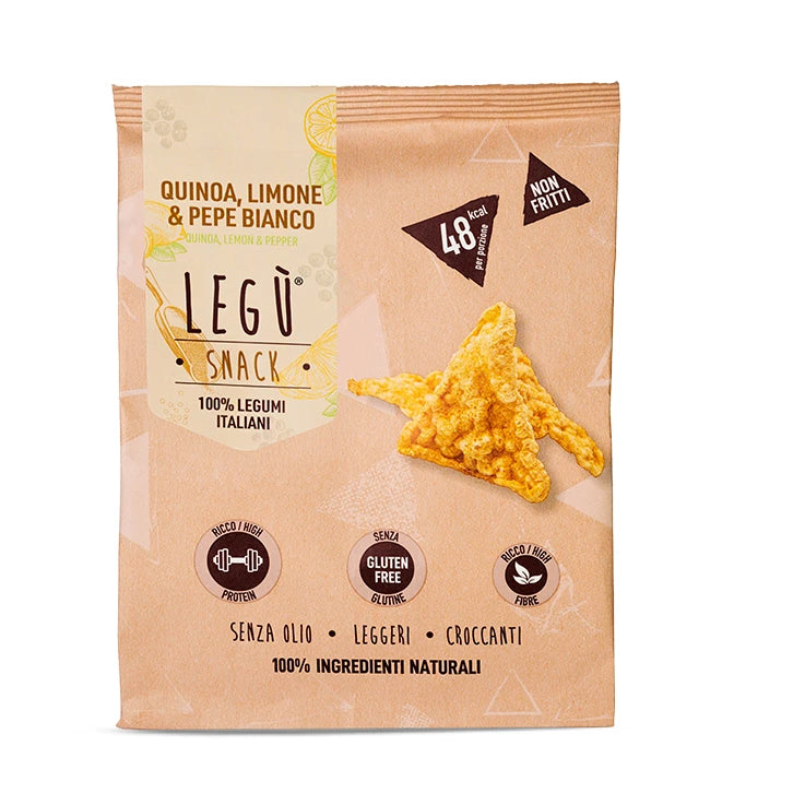 Packaging LEGÙ Triangoli Quinoa, Limone & Pepe bianco, snack di legumi senza glutine, ricco di proteine vegetali e fibre.