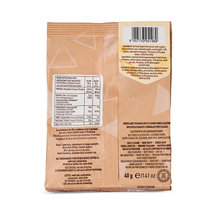 Confezione snack LEGÙ Triangoli Quinoa, Limone & Pepe bianco. Chips croccanti di legumi senza glutine, ricchi di proteine vegetali.