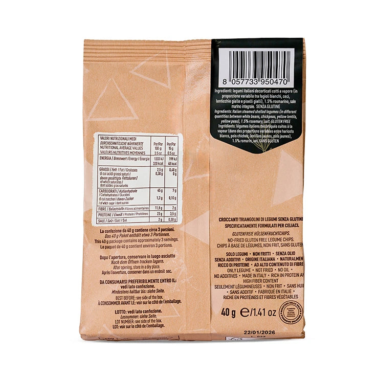 Packaging LEGÙ Triangoli Rosmarino da 40g. Snack di legumi italiani senza glutine, ricco di proteine e fibre vegetali.