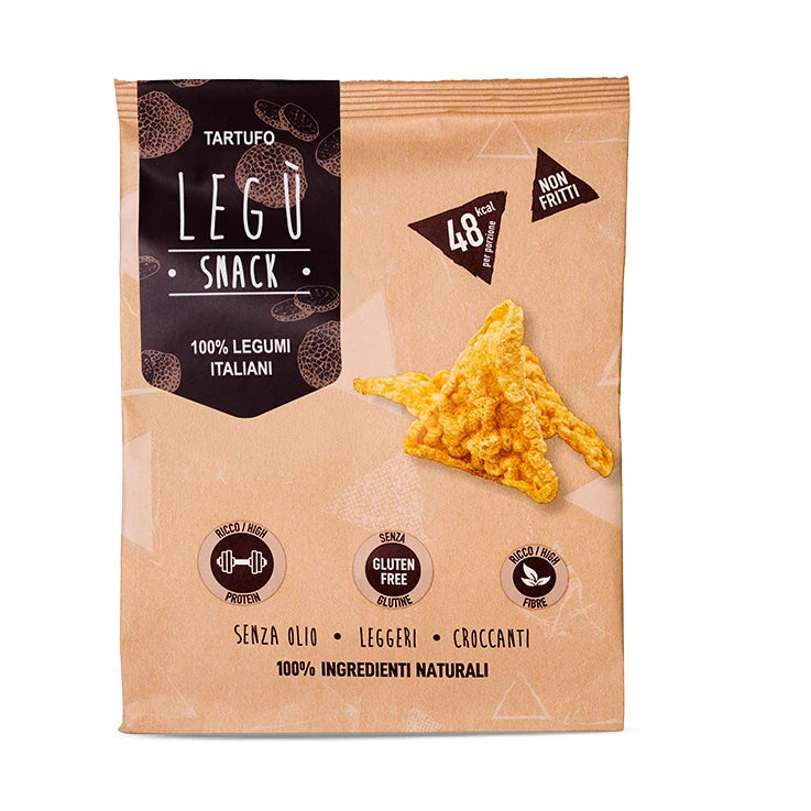 Confezione di snack LEGÙ ai legumi, gusto Tartufo, senza glutine e ad alto contenuto di proteine vegetali. Crisps non fritti.