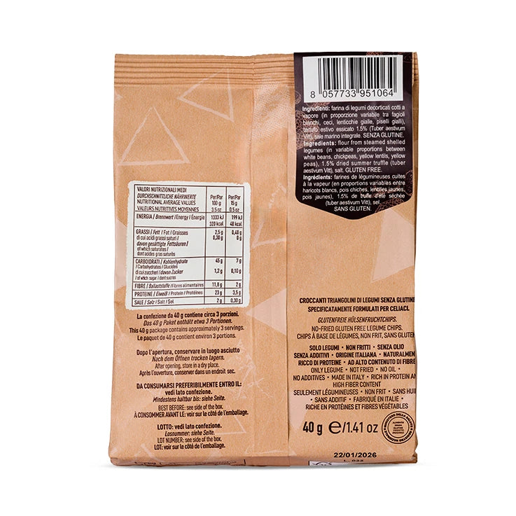 Confezione di snack LEGÙ Triangoli al Tartufo. Barchetta di legumi croccanti, fonte di proteine vegetali e senza glutine.