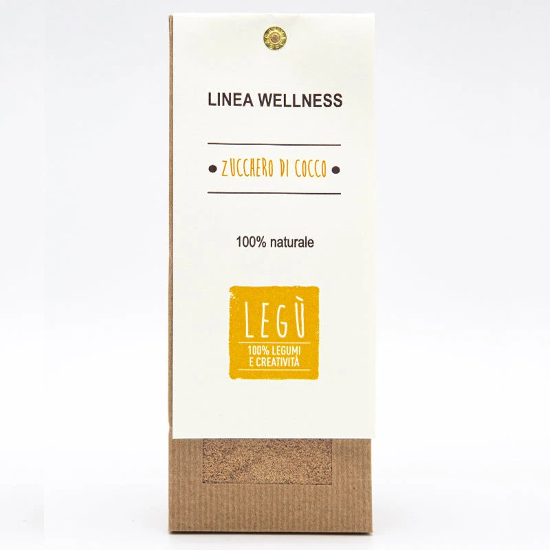 Packaging Legù Zucchero di Cocco, 100% naturale. Scatolina con branding Legù: 100% legumi e creatività.
