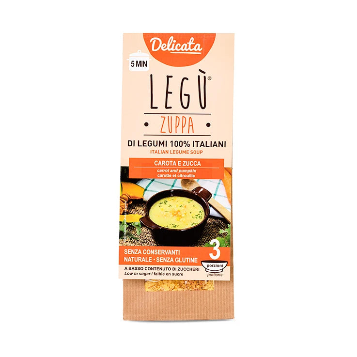 Packaging di zuppa LEGÙ Delicata con legumi, carote e zucca. Prodotto senza glutine e a basso contenuto di zuccheri.