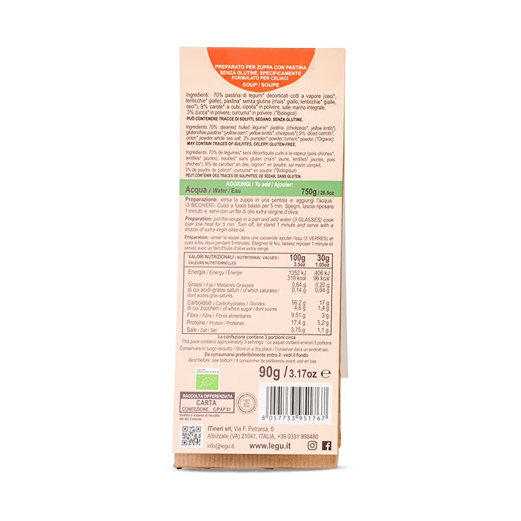 Packaging della Zuppa Delicata Bio LEGÙ con legumi decorticati, carote e zucca. Evidenziati proteine vegetali e senza glutine.
