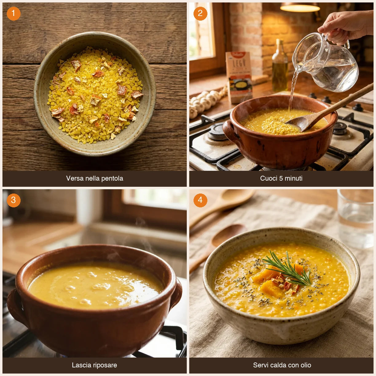 Sequenza preparazione Zuppa Delicata Bio con legumi italiani decorticati, carote e zucca LEGÙ in 4 passaggi