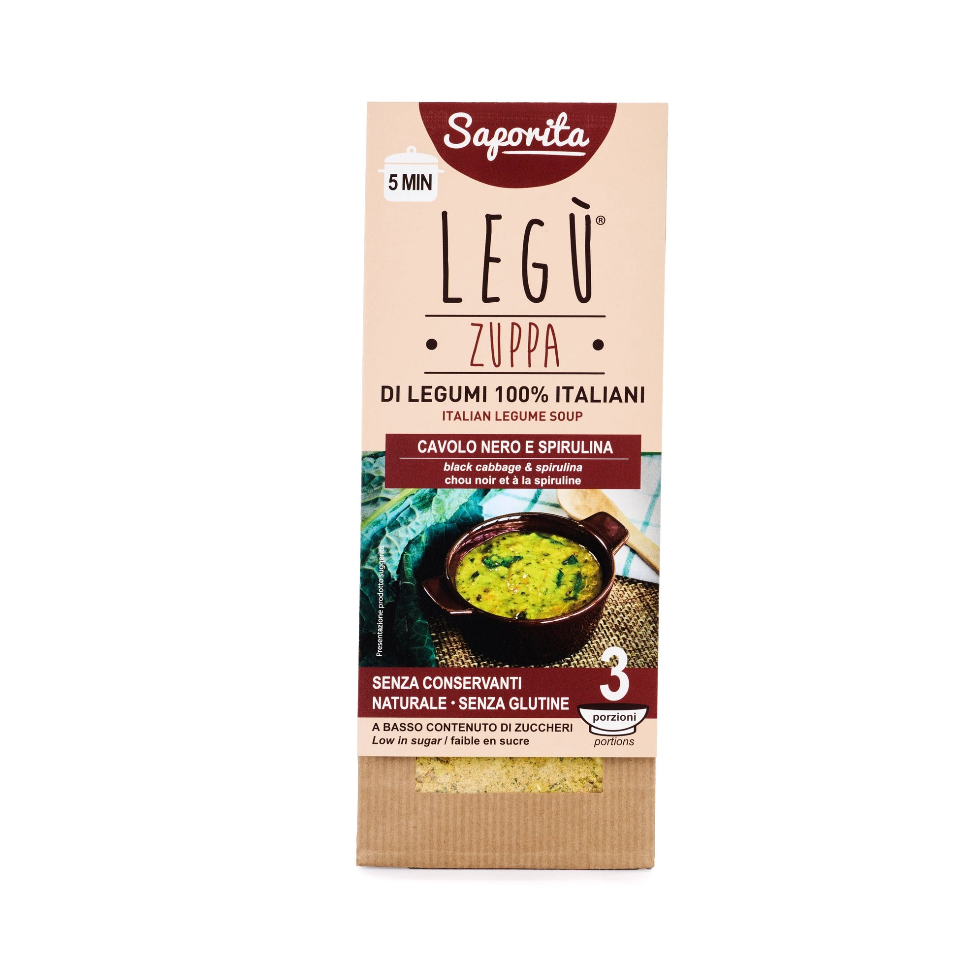 Packaging Legù Zuppa Saporita, cavolo nero e spirulina. Zuppa di legumi italiani senza glutine, a basso contenuto di zuccheri e 3 porzioni.