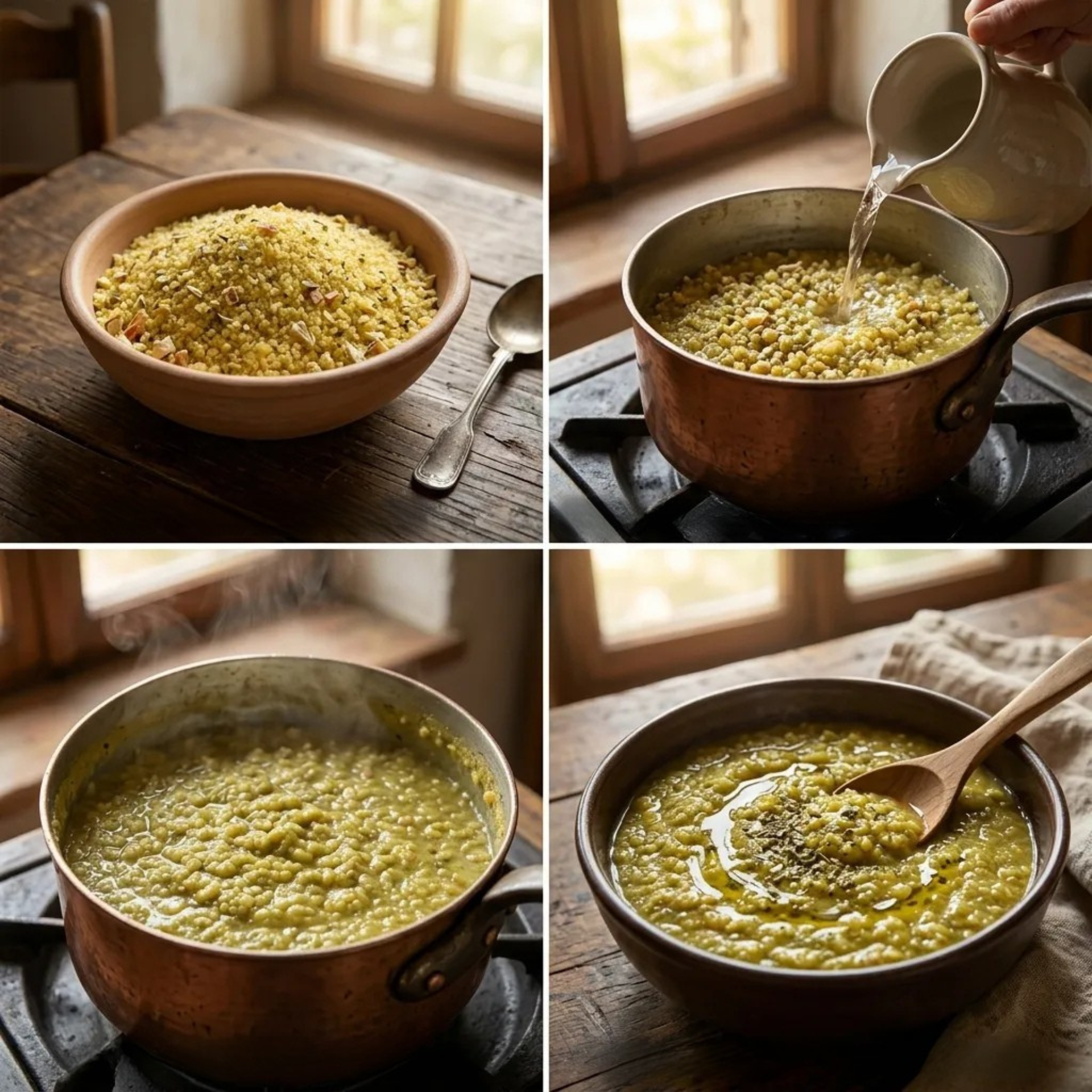 Sequenza preparazione Zuppa Saporita Bio con legumi italiani decorticati, cavolo nero e spirulina LEGÙ in 4 passaggi
