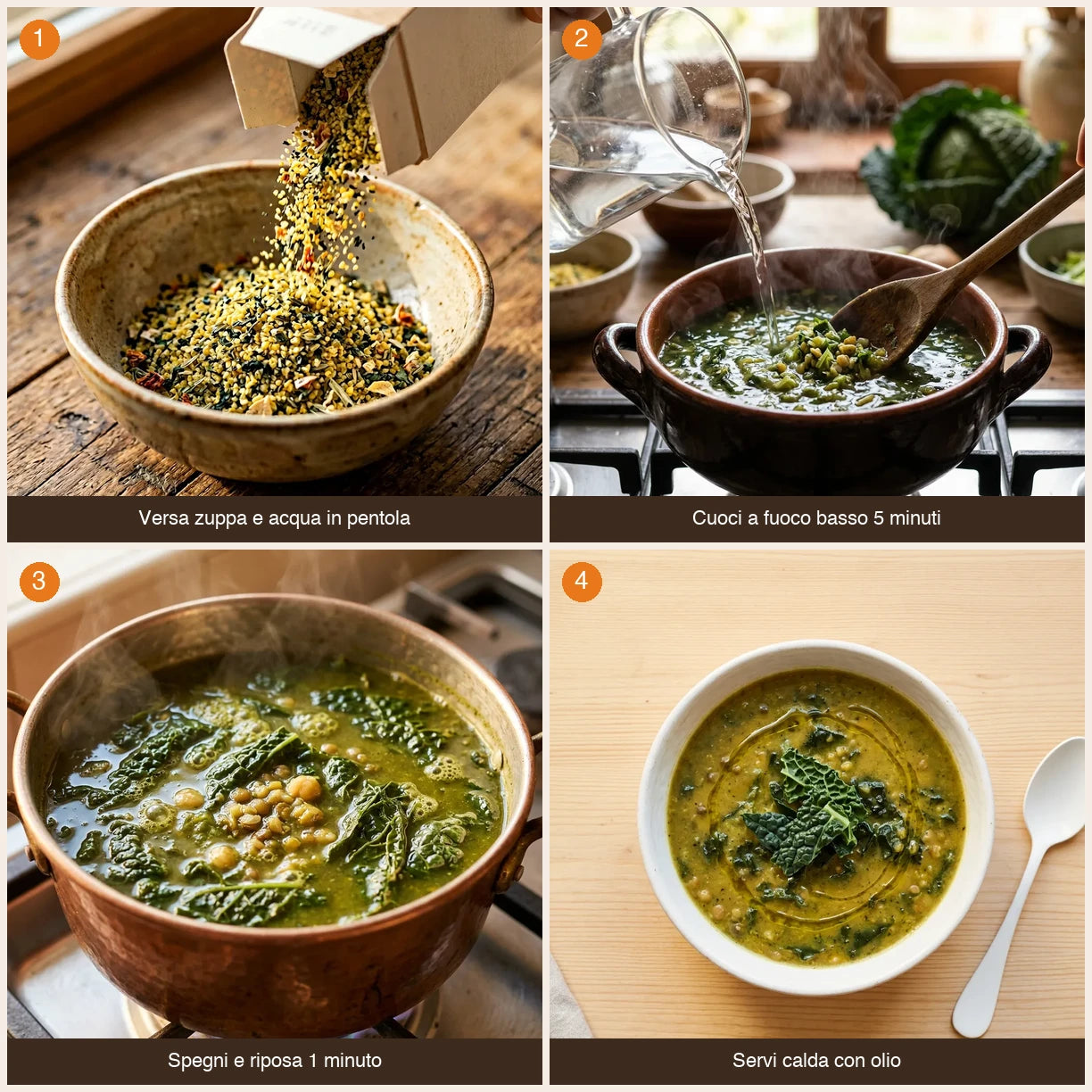 Sequenza preparazione Zuppa Saporita Bio con legumi italiani decorticati, cavolo nero e spirulina LEGÙ in 4 passaggi