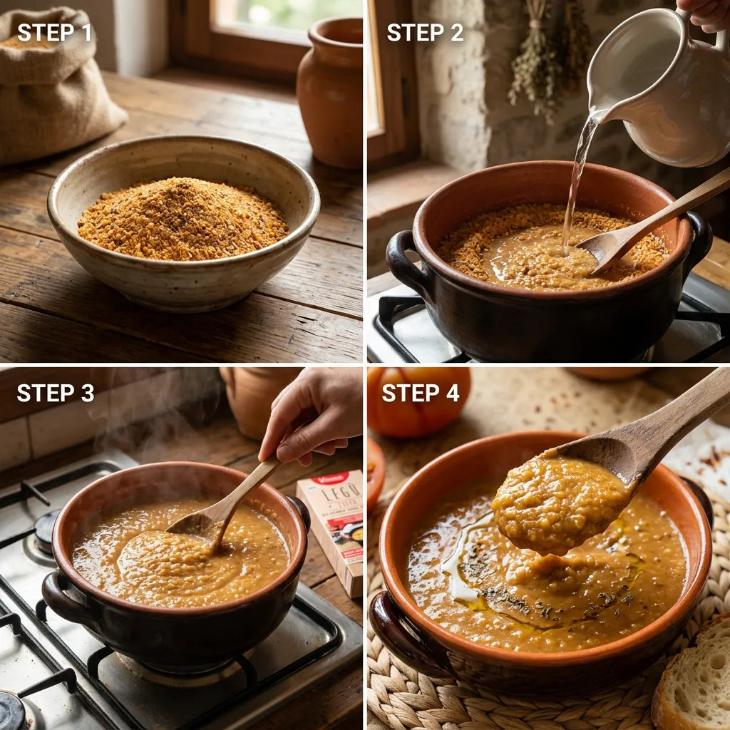 Sequenza preparazione Zuppa Vivace Bio di legumi italiani decorticati, pomodoro e chimichurri LEGÙ in 4 passaggi