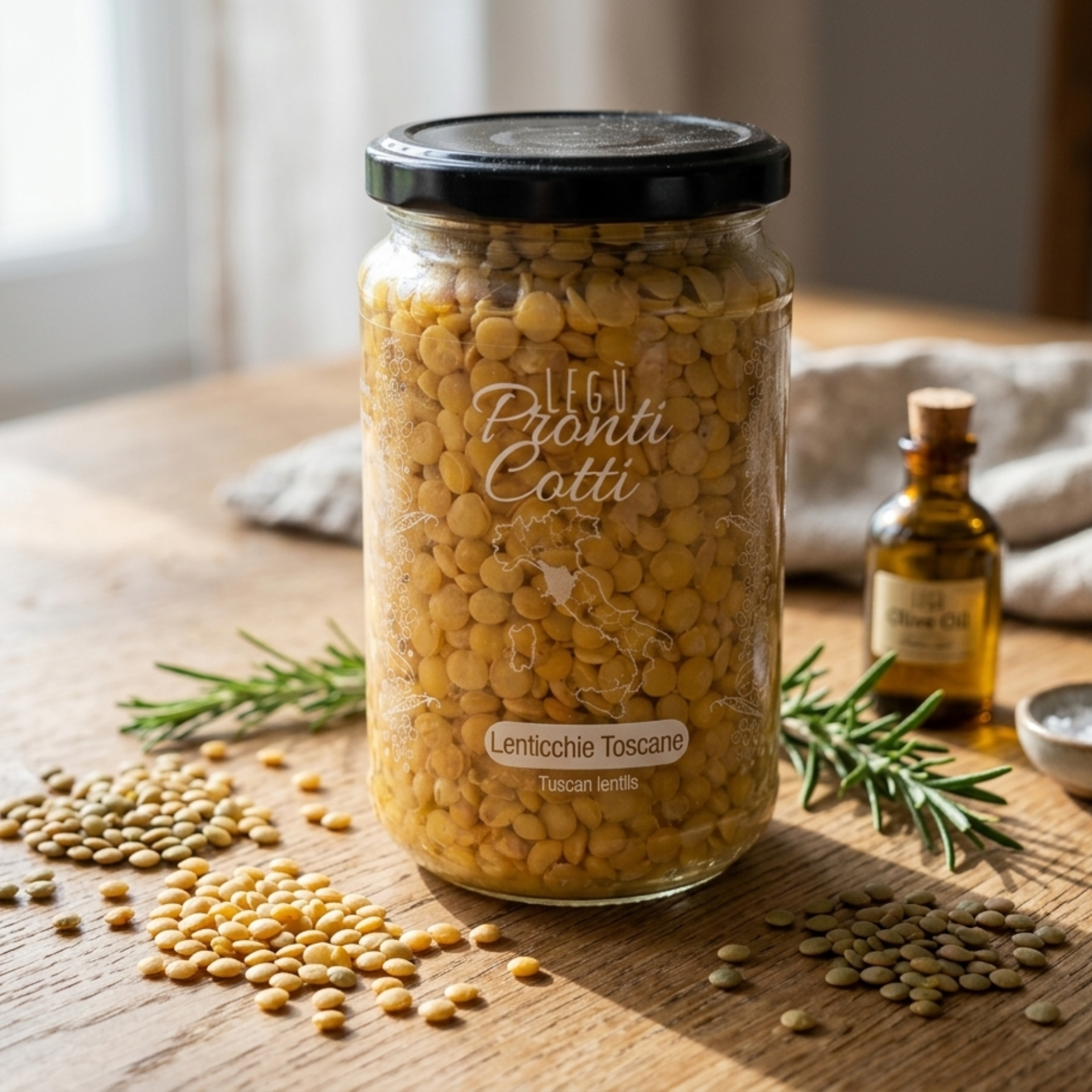 Barattolo di lenticchie toscane Legù in cucina con ingredienti naturali su tavolo in legno
