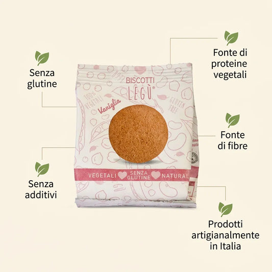 Infografica con biscotti alla vaniglia LEGÙ, fatti con legumi, evidenziando valori come senza glutine, fonte di proteine vegetali, e senza additivi.