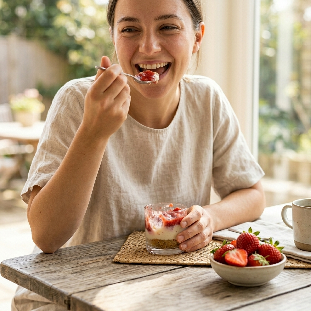 Persona giovane che mangia mini cheesecake con fragole preparata con kit Legù in ambiente luminoso