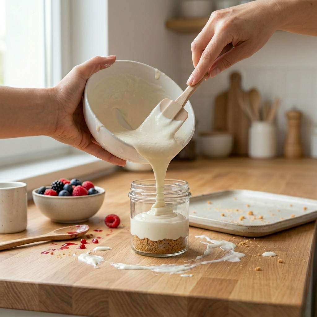 Preparazione mini cheesecake con crema versata su base croccante in bicchiere con ingredienti freschi