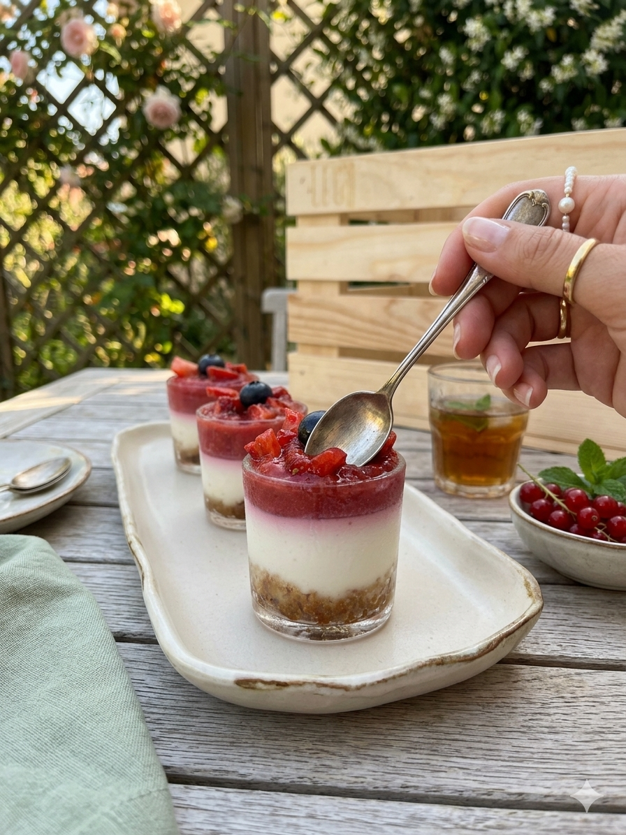 Mini cheesecake in bicchiere con fragole e frutti di bosco servite su vassoio pronte da gustare