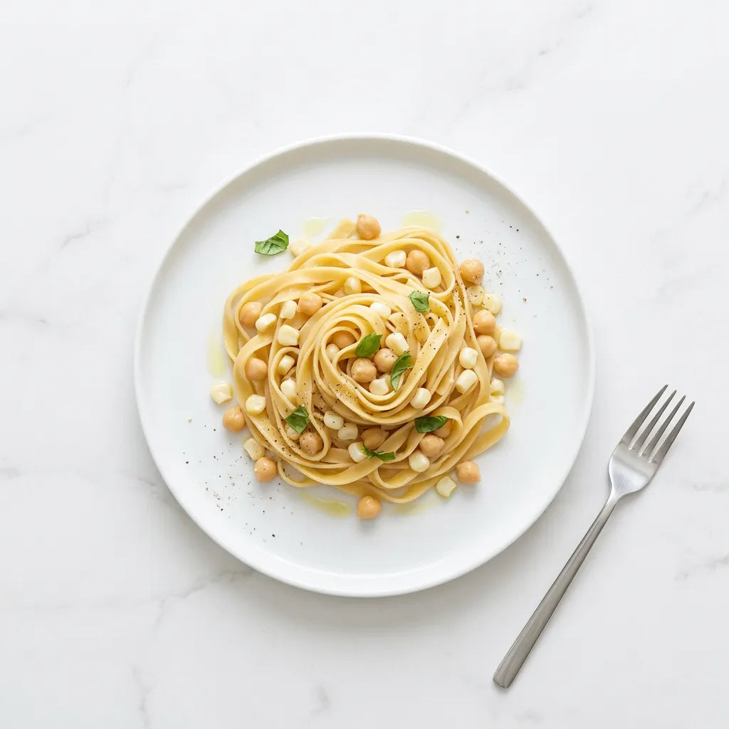 Tagliatelle LEGÙ con mais bianco e ceci. Un piatto di pasta di legumi senza glutine e ricco di proteine vegetali.