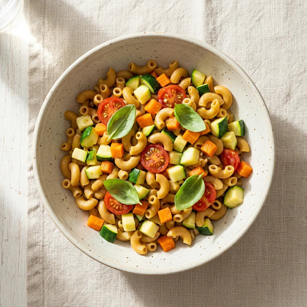 LEGÙ Sorrisi 4 Legumi serviti in una ciotola con pomodorini, zucchine e carote a cubetti, guarniti con basilico fresco. Un piatto gustoso di legumi senza glutine ricco di proteine vegetali.
