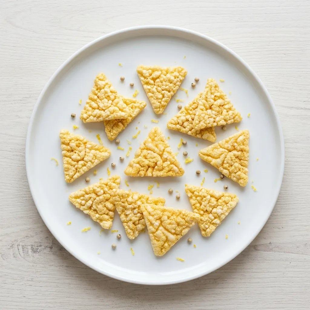 Triangoli Quinoa, Limone e Pepe Bianco LEGÙ disposti su un piatto bianco, snack di legumi senza glutine ricco di proteine vegetali.