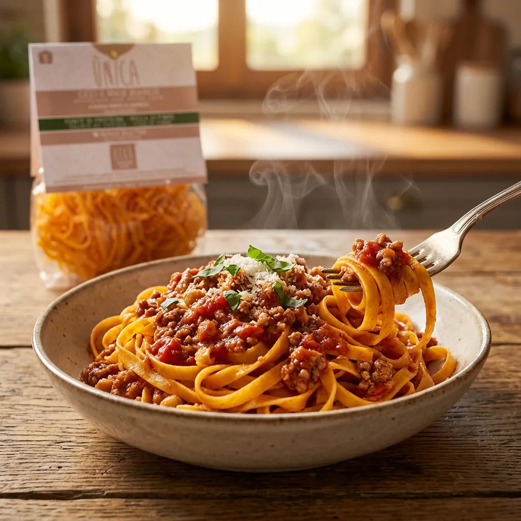 Tagliatelle LEGÙ di mais bianco e ceci con ragù e parmigiano, fumanti in ciotola. Un cucchiaio solleva parte della pasta. A sinistra, la confezione di pasta di legumi senza glutine.