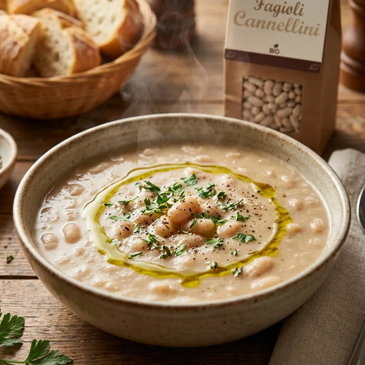 Sopa de alubias cannellini biológicas LEGÙ, cremosa y caliente, con un hilo de aceite y perejil, plato de legumbres sin gluten y rico en proteínas vegetales, perfecto para una comida nutritiva.