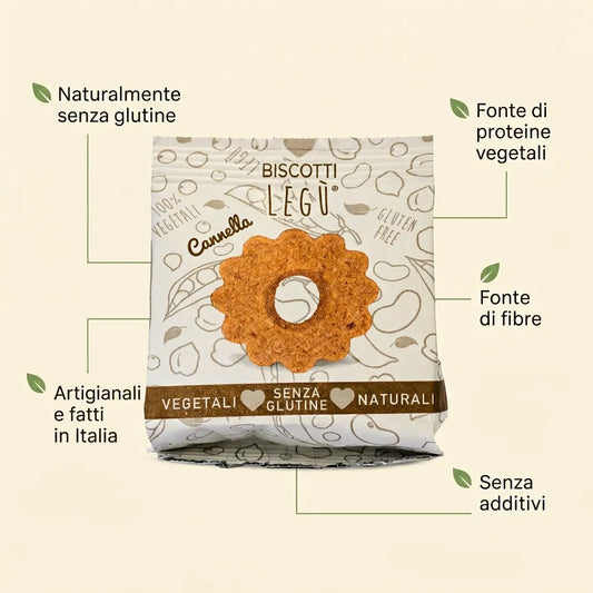 Confezione di biscotti di legumi e riso alla cannella LEGÙ con un biscotto in primo piano. Evidenziati i benefici: naturalmente senza glutine, fonte di proteine vegetali e fibre, artigianali, senza additivi.