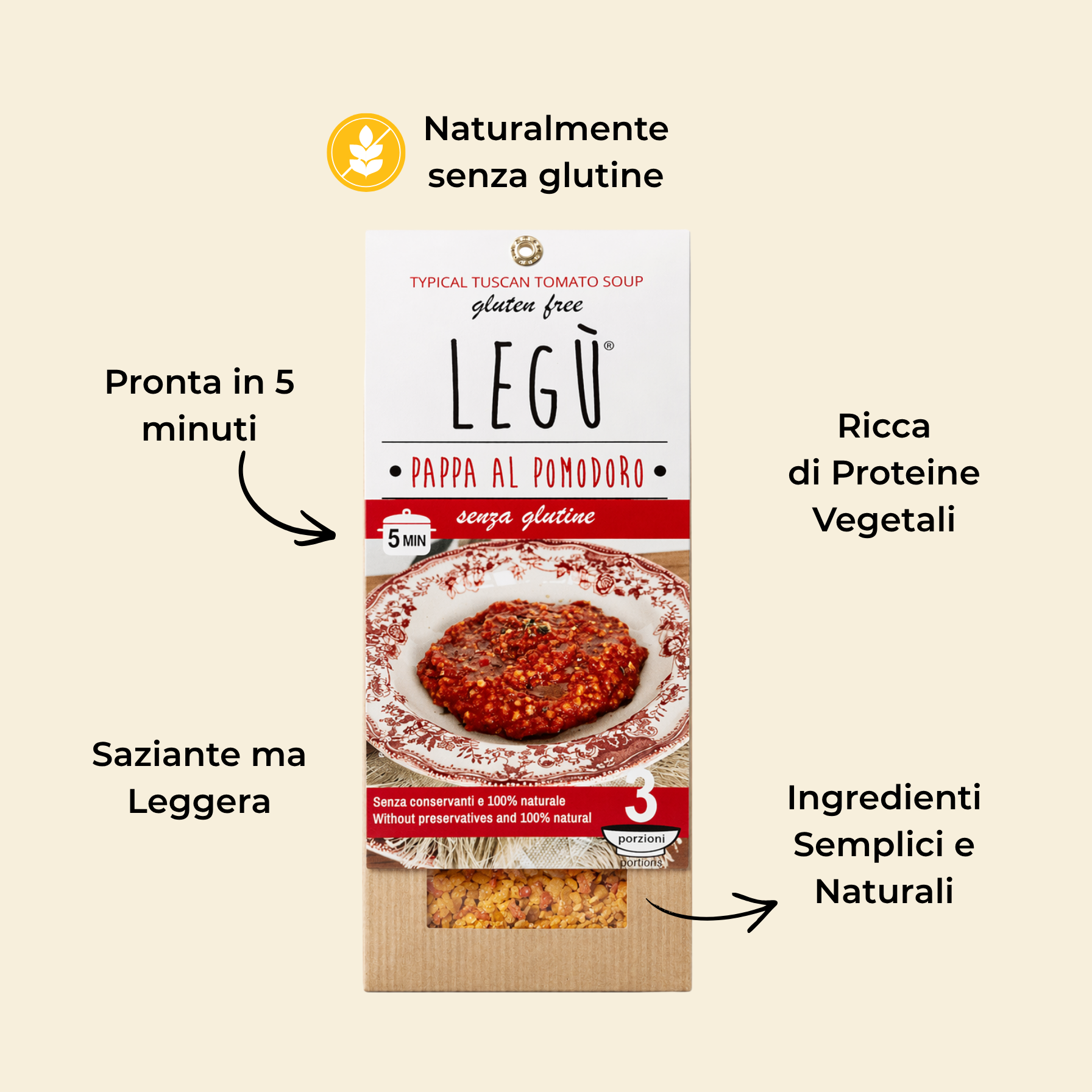 Benefici della pappa al pomodoro Legù: senza glutine, pronta in 5 minuti, ricca di proteine vegetali e con ingredienti semplici e naturali