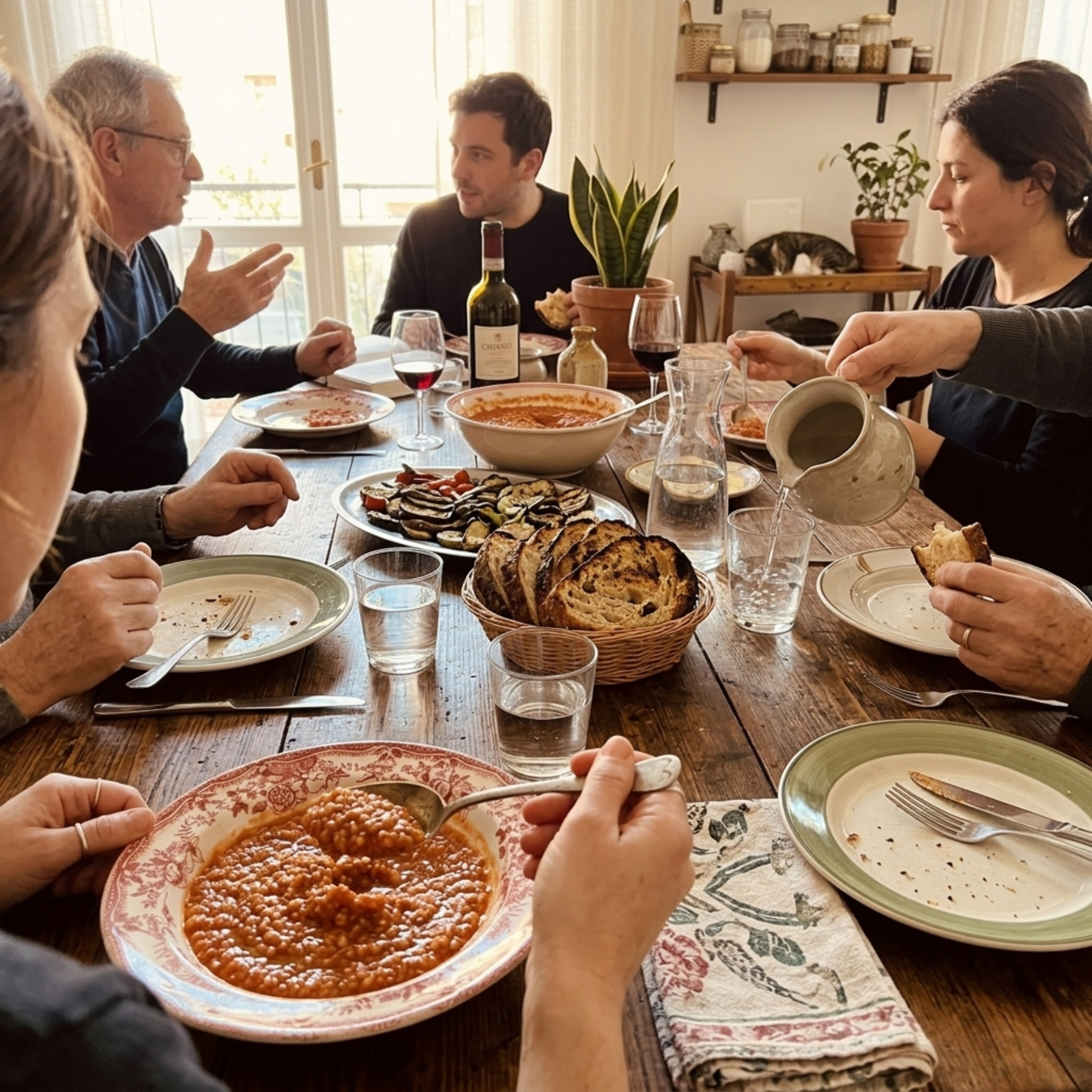 Pappa al pomodoro Legù servita a tavola durante una cena in famiglia con pane e vino